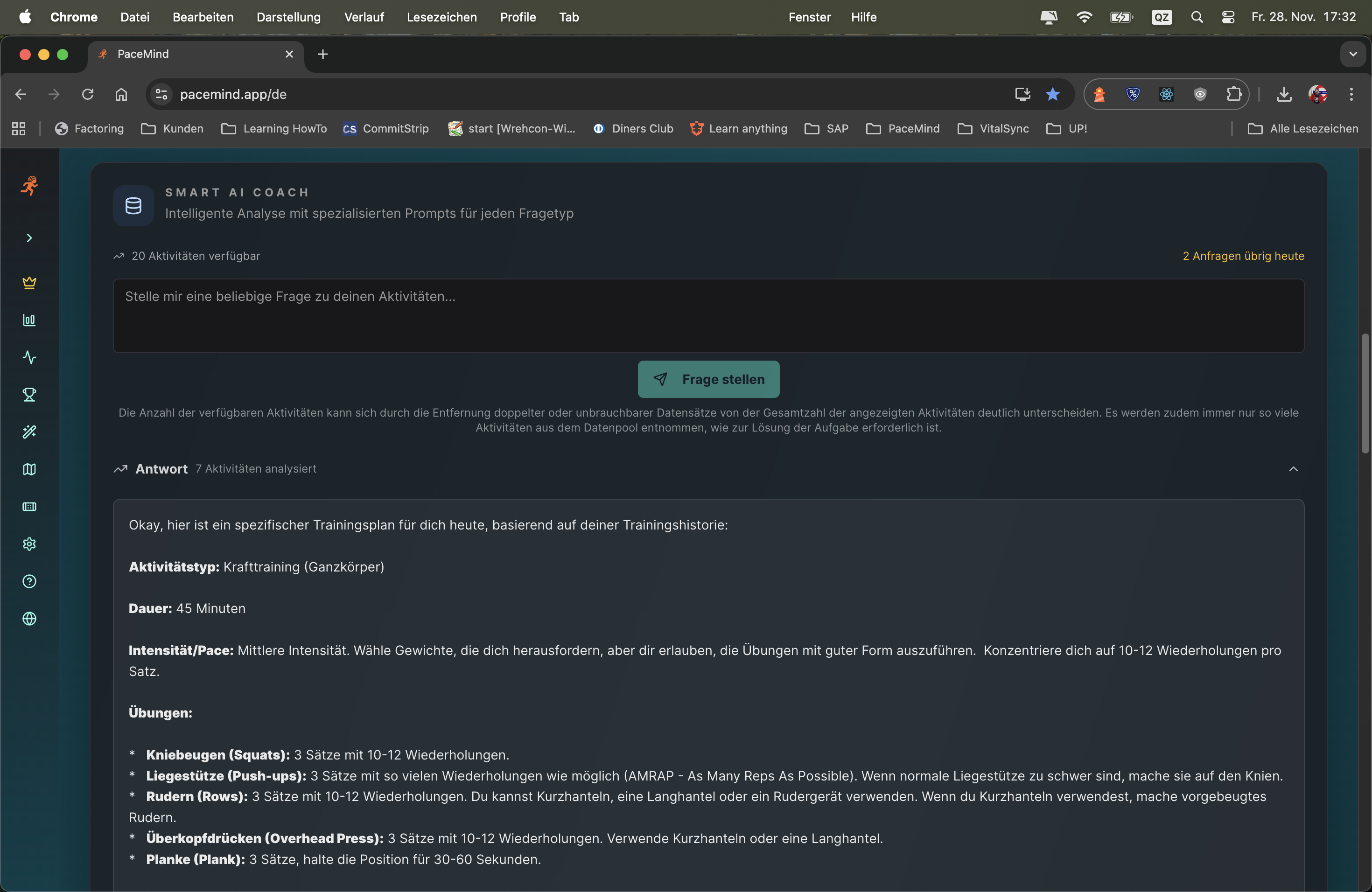 Smart AI Coach - Beispiel-Antwort mit personalisiertem Trainingsvorschlag